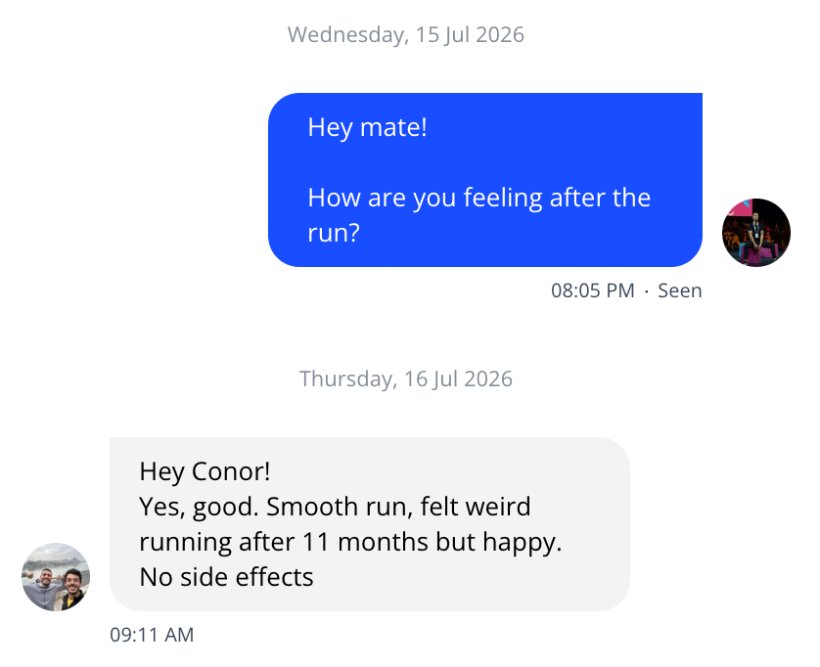 Client text about running again after 11 months