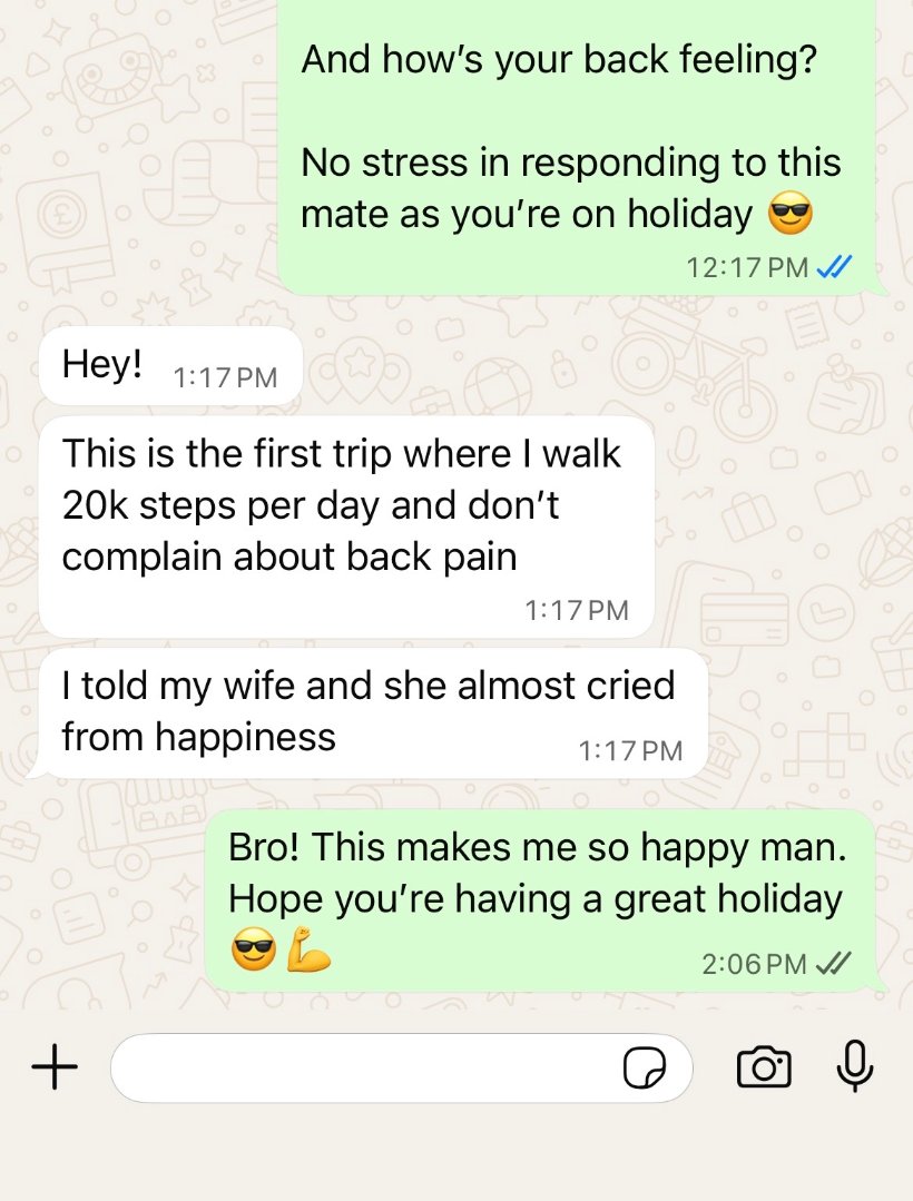 Client text about walking 20k steps without back pain