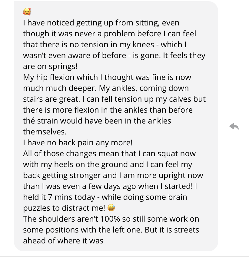 Client message: no back pain any more, full squat