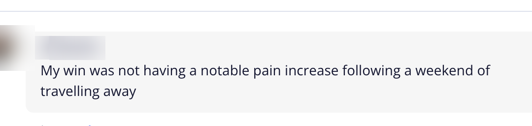 Client message: travel weekend, no pain spike
