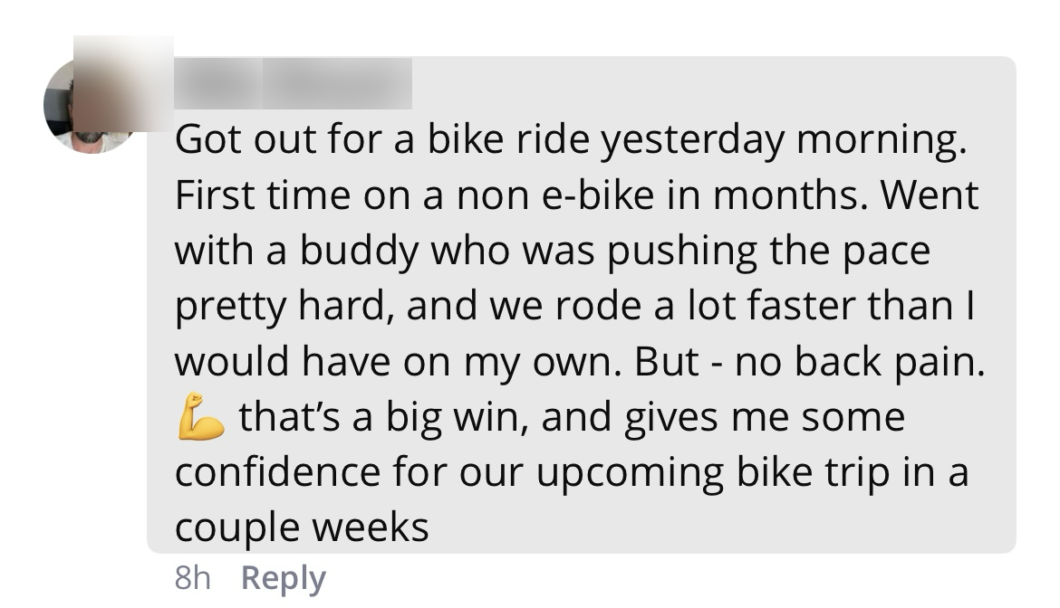 Client message: fast bike ride, no back pain