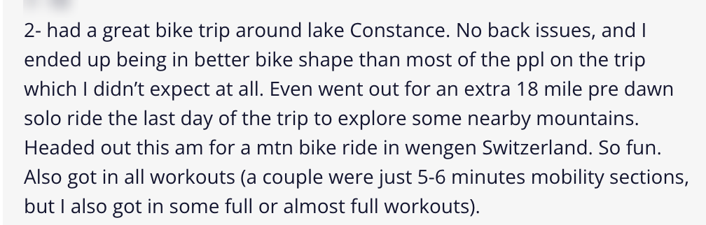Client message: Lake Constance bike trip, no back issues
