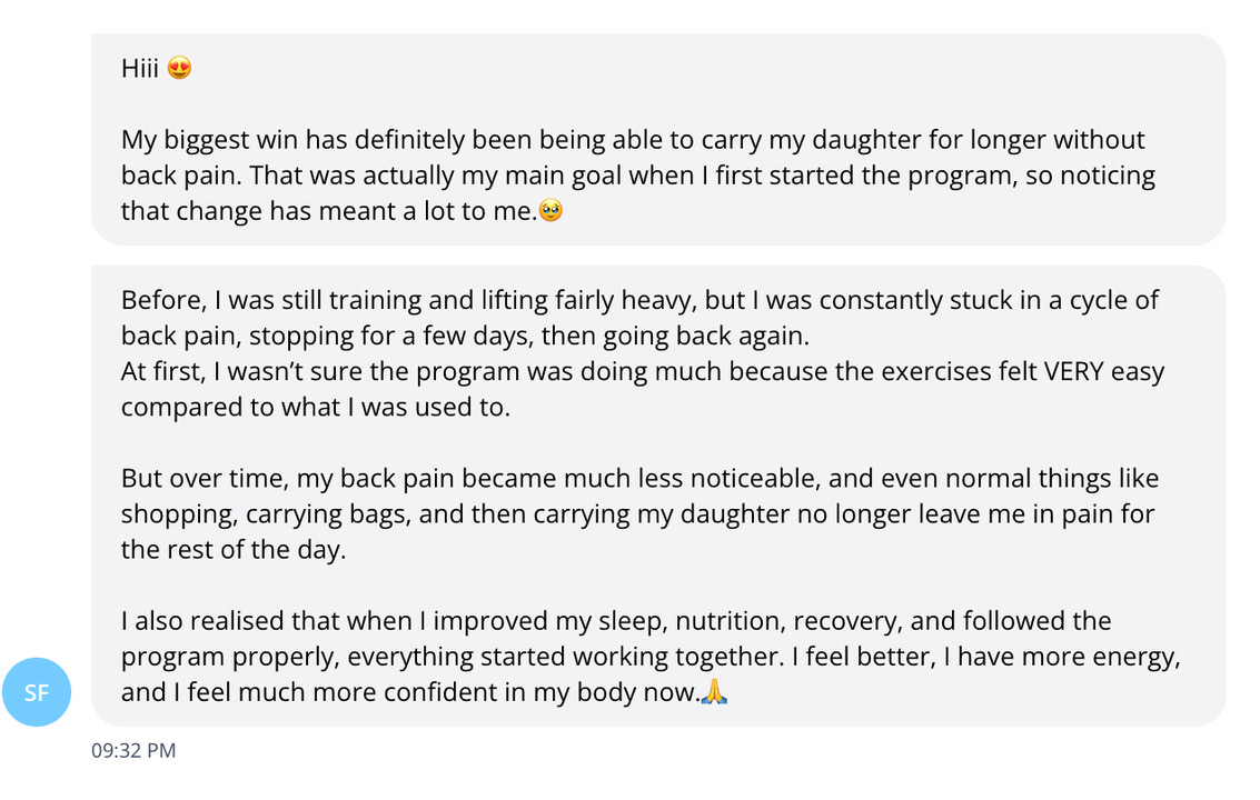 Client message: carrying my daughter for longer without back pain
